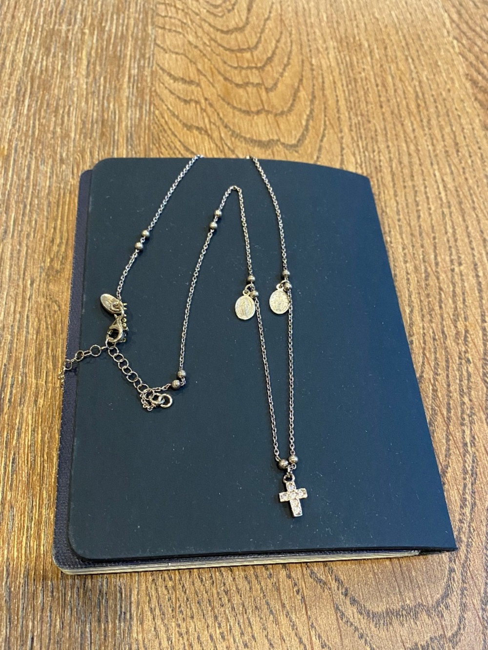 925 Sterling Silver Italian Miraculous Medal and Cross Charm Rosary Necklace